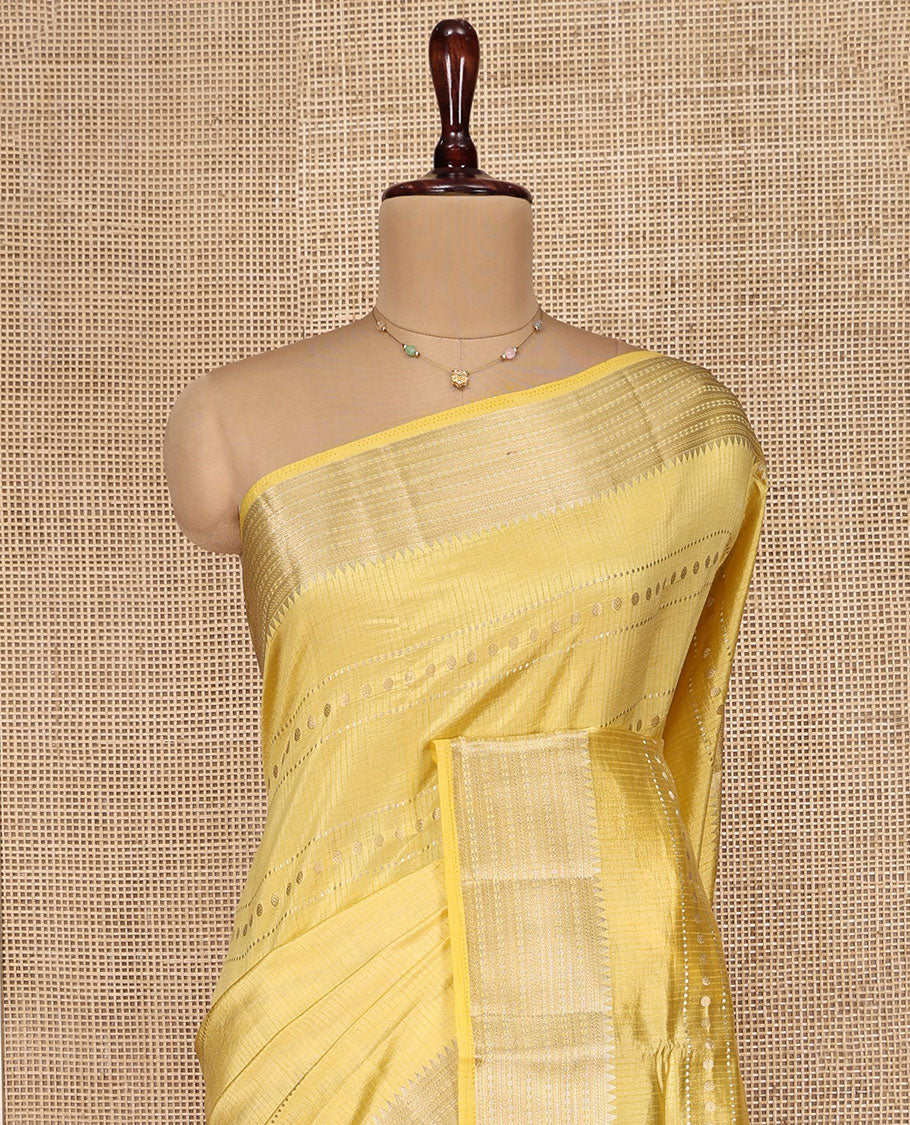 Yellow Dupion Silk Saree, Accentuated with Traditional Zari Designs, Highlighted by Traditional Zari Border, Complemented by a Contrast Zari Striped Pallu, and a Contrast Blouse