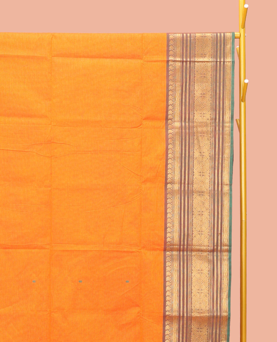 Yellow Chettinad Cotton Saree, Subtly Woven with Thread Buttas All Over Its Body, Complemented by a Contrast Traditional Zari Design Woven Temple Border, Pallu of Stripes, and Paired with a Matching Blouse