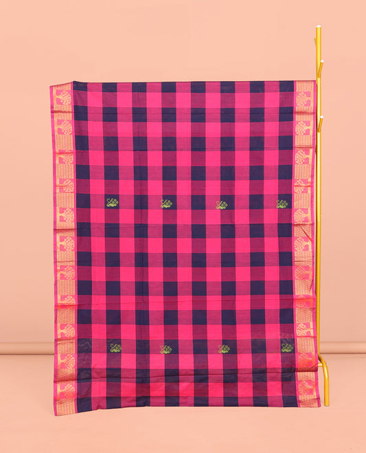 Dark Blue-Pink Chettinad Cotton Saree, Woven with Checks and Buttas, Highlighted by Tree Motifs Zari Border, Pallu of Stripes, and No Blouse