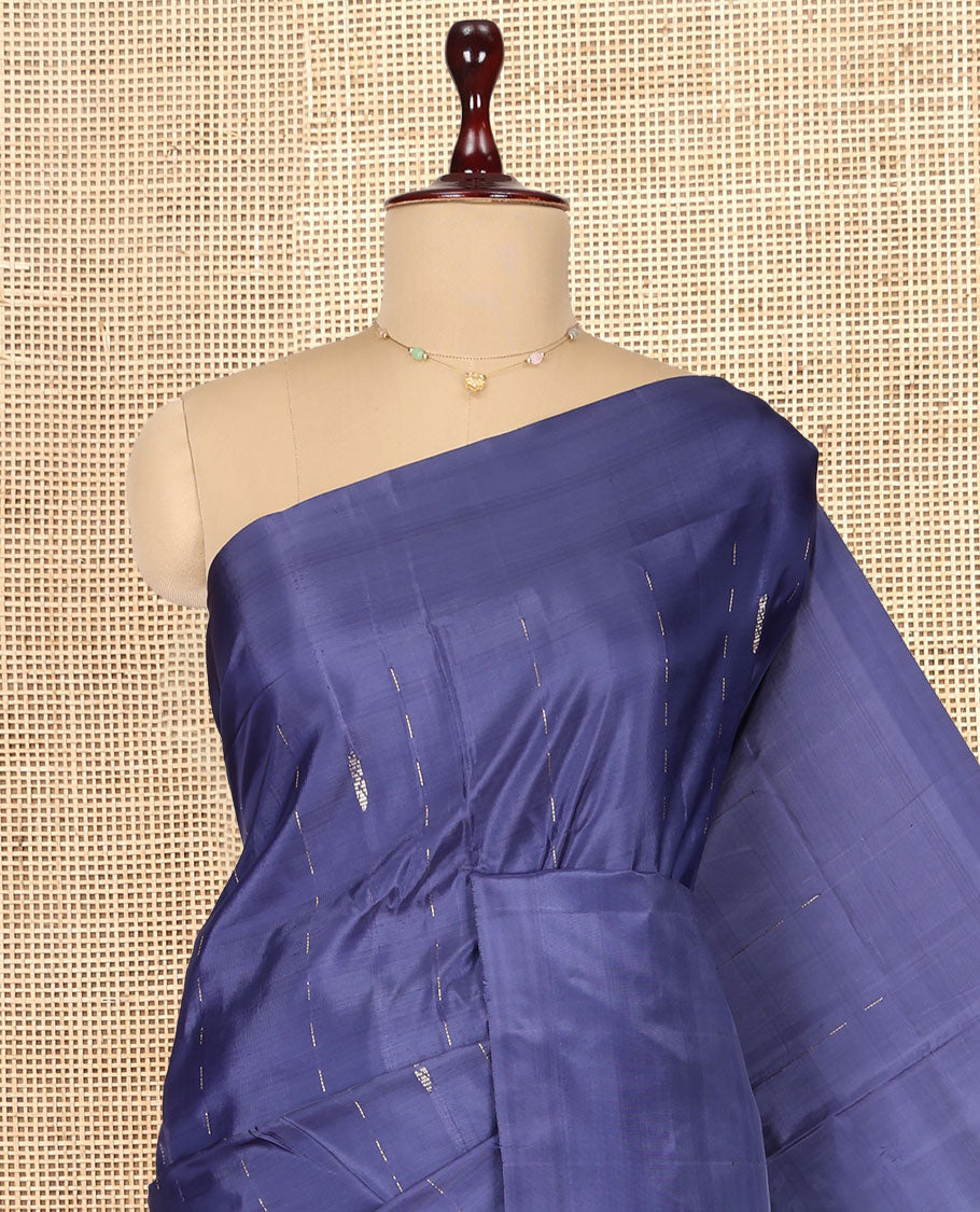 Borderless Blue Banana Pith Saree, Woven with Stripes and Buttas, a Contrast Pallu of Stripes, and a Contrast Blouse