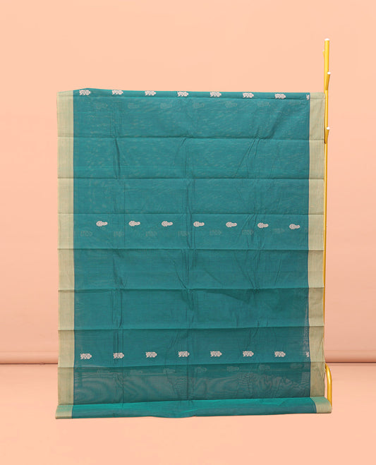 Green Kanchi Cotton Saree, Accentuated with Buttas All Over Its Body, Complemented by Contrast Border, Paisley Design Pallu, and Paired with a Matching Blouse