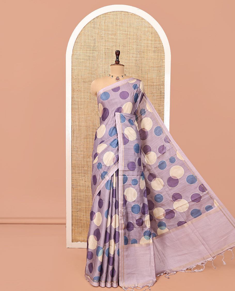 Lavender Fancy Tussar Saree With Polka Dots, Zari Border, Pallu, and Blouse