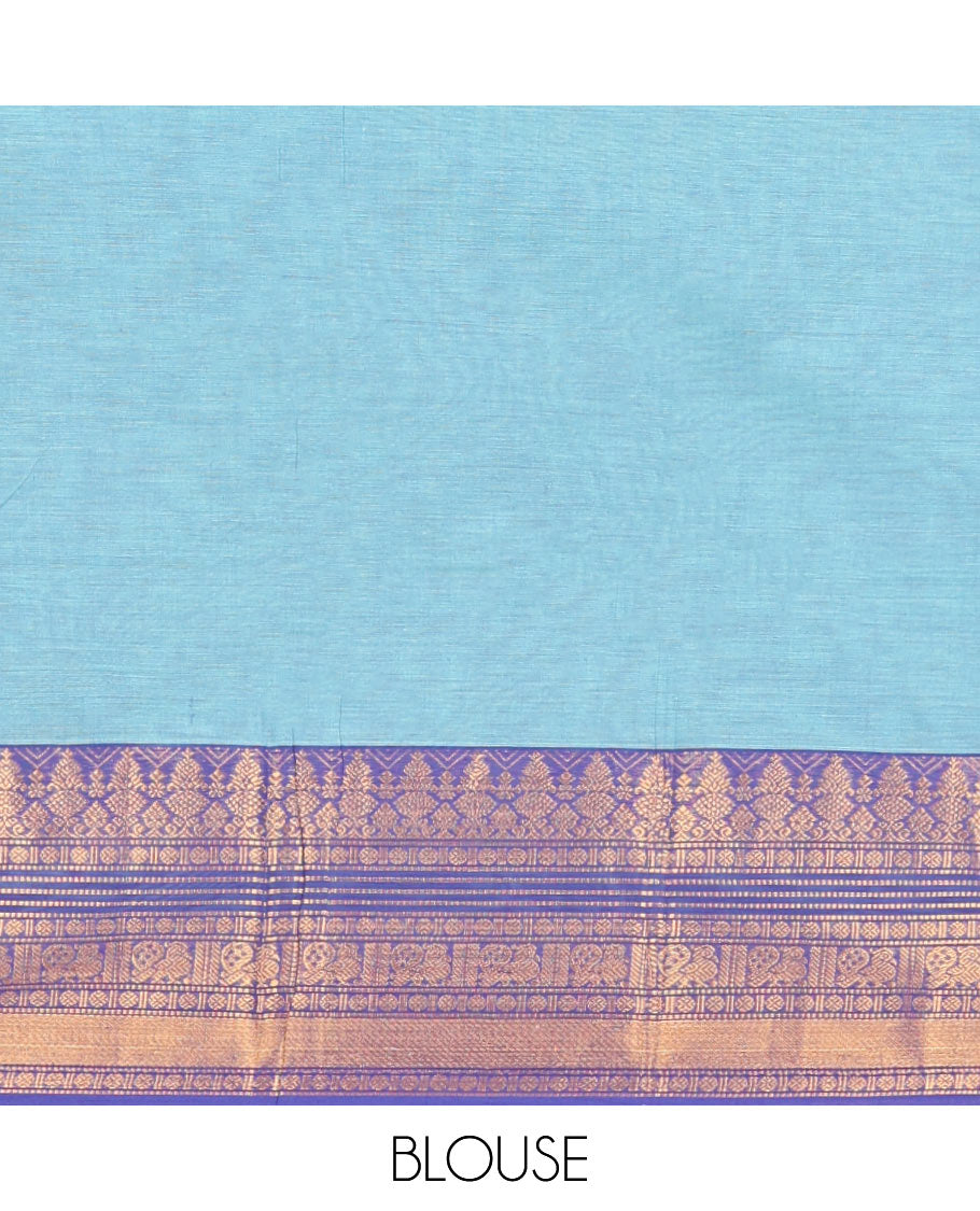 Blue Plain Chettinad Cotton Saree, Complemented by a Contrast Traditional Zari Big Border, Striped Pallu, and a Matching Blouse