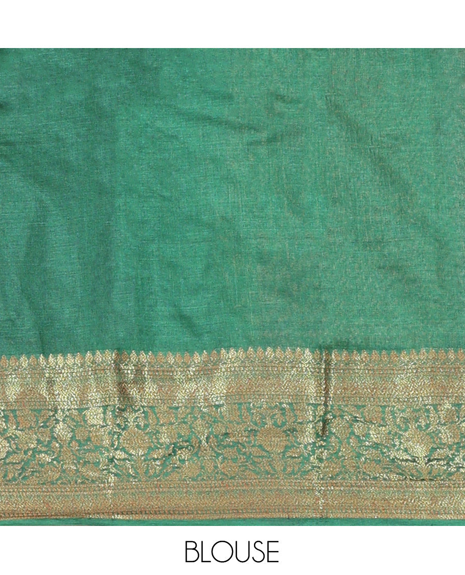 Mustard Tussar Silk Saree Features Zari Designs, Complemented by a Contrast Floral Zari Border, Intricately Designed Pallu, and a Contrast Blouse