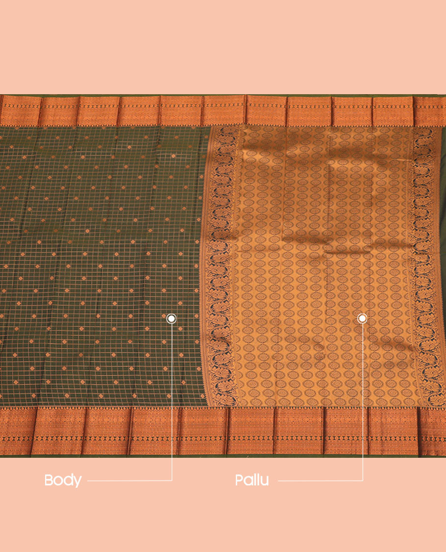 Olive Green Budget Silk Saree, Accentuated with Zari Buttas and Checks All Over Its Body, Highlighted by a Traditional Zari Design Border, Grand Pallu, and Paired with a Matching Blouse
