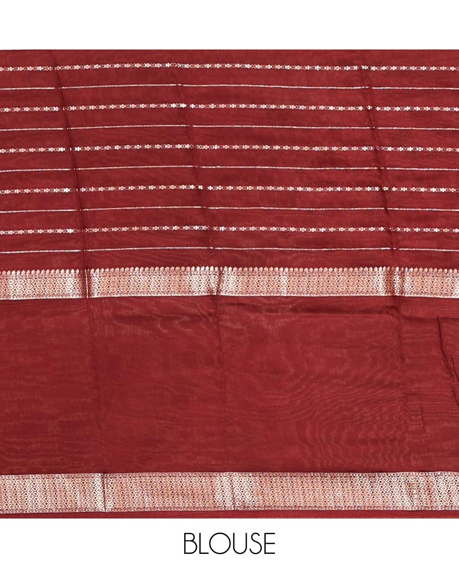 Green Assam Silk Saree, Delicately Woven with Stripes, Complemented by a Contrast Traditional Border, Zari-Striped Pallu, and a Contrast Blouse