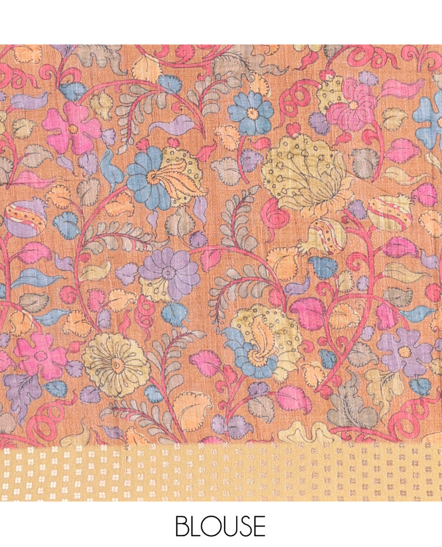 Green Plain Fancy Tussar Silk Saree, Contrast Triangle Motif Border, Pallu of Kalamkari Peacock Motifs, and Contrast Kalamkari Printed Blouse