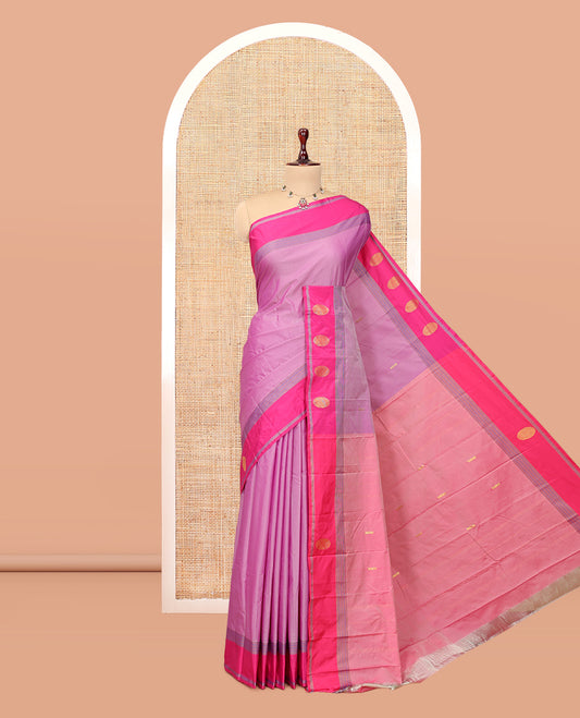 Light Purple Plain Arani Saree, a Contrast Round Zari Butta Border, Zari Design Pallu, and a Matching Blouse