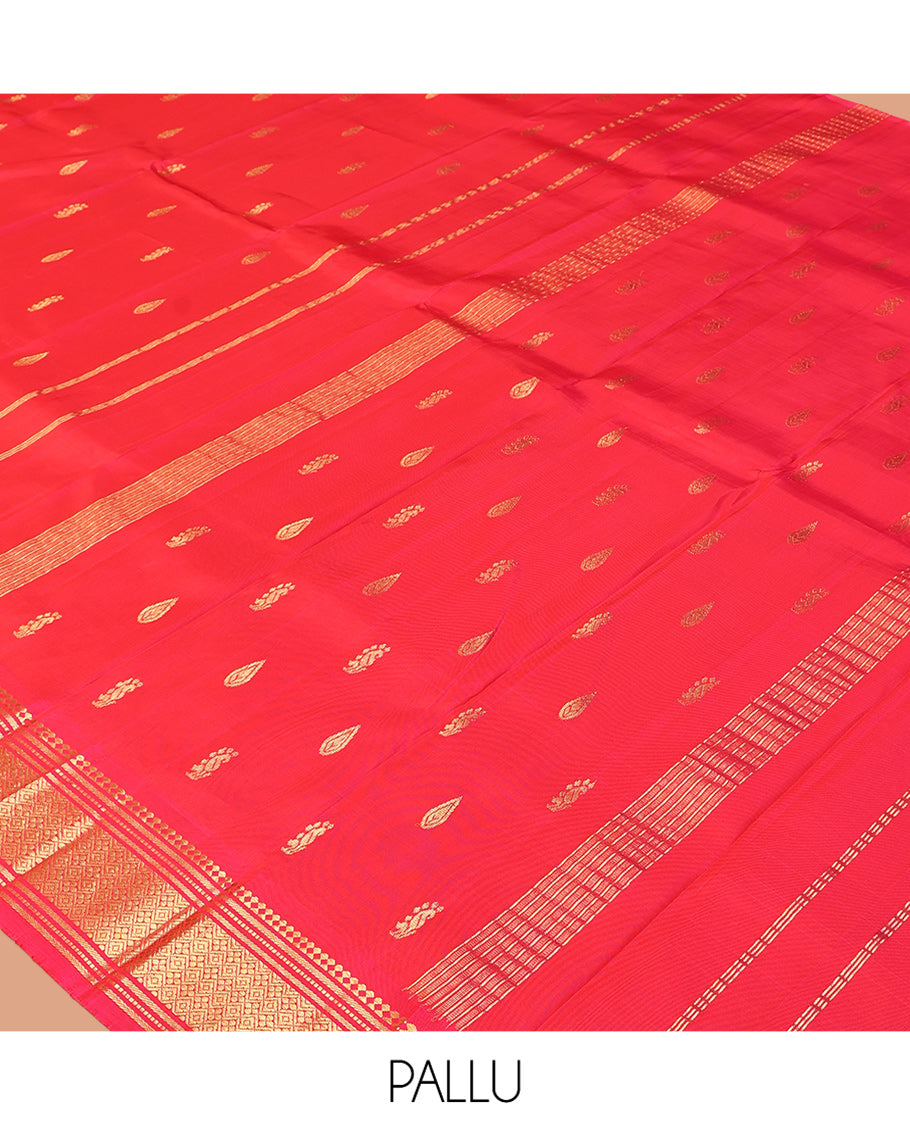 Red Kanchipuram Silk Saree, Decorated with Zari Buttas, Highlighted by a Zari Border of Panner Sombu, Banaras, Muthu, and Jaal Design, Pallu of Zari Design, and No Blouse
