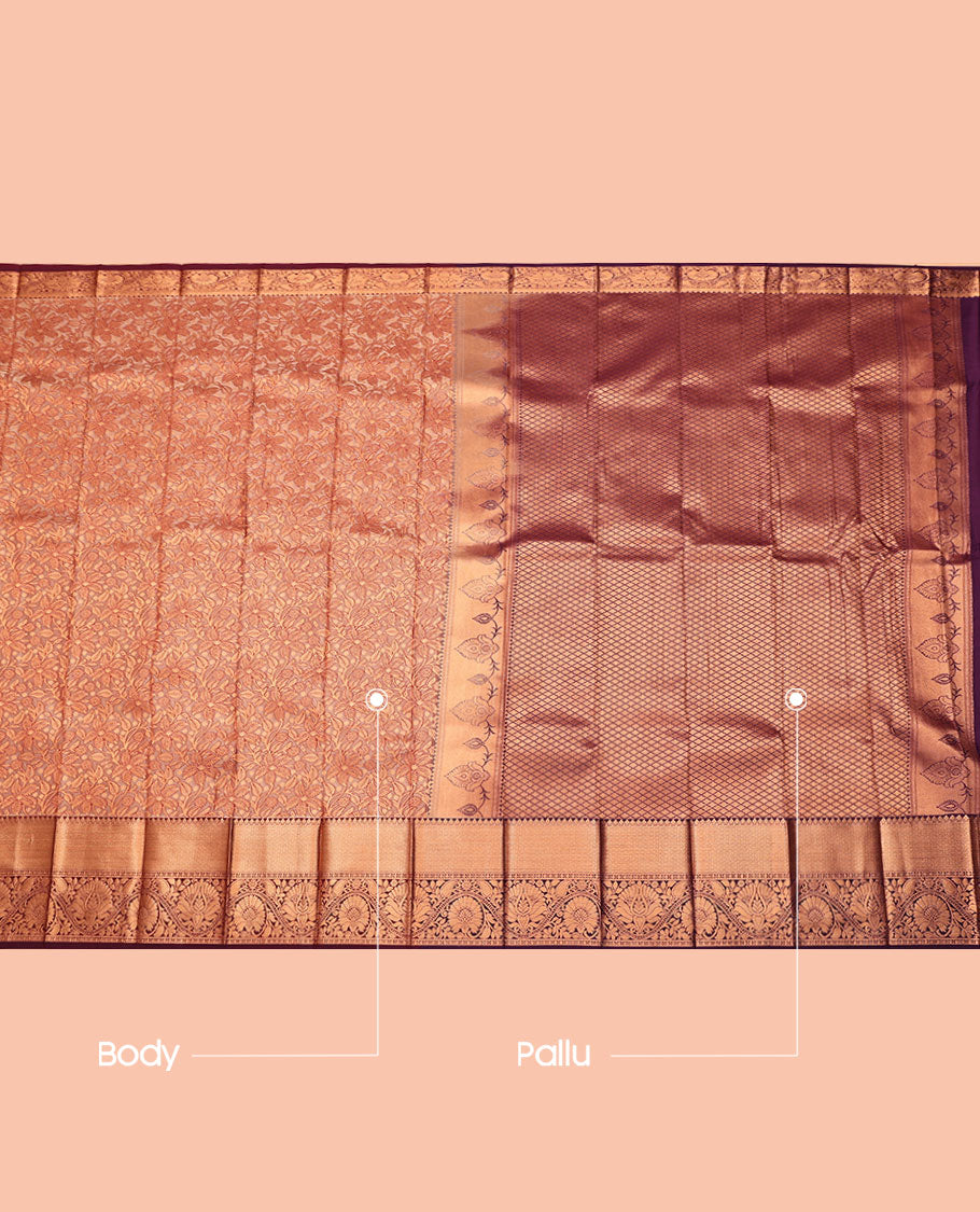 Pale Brown Budget Silk Saree, Detailed with Jacquard, Complemented by Contrast Paisley Zari Border, Grand Jaal Pallu, and a Contrast Blouse