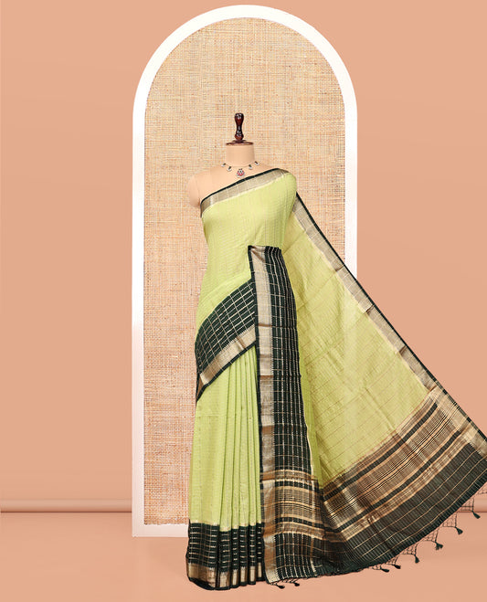 Pista Green Assam Silk Saree, Charmingly Accented with Zari Checks, Complemented by a Contrast Traditional Zari Border, Striped Pallu, and a Contrast Blouse