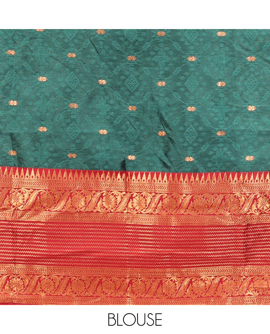 Green Art Silk Half Saree, Delicately Woven with Embossed and Buttas Skirt, Contrast Traditional Border, Matching Blouse, and a Contrast Dhavani