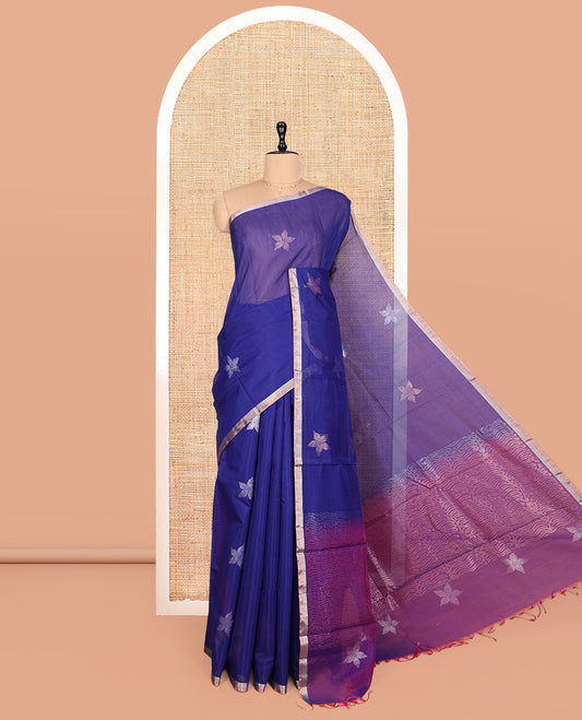 Blue Silk Cotton Saree, Woven with Floral Zari Buttas, Zari Striped Border, Contrast Geometric Patterned Pallu, and a Contrast Blouse