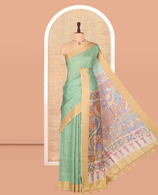 Green Plain Fancy Tussar Silk Saree, Contrast Triangle Motif Border, Pallu of Kalamkari Peacock Motifs, and Contrast Kalamkari Printed Blouse