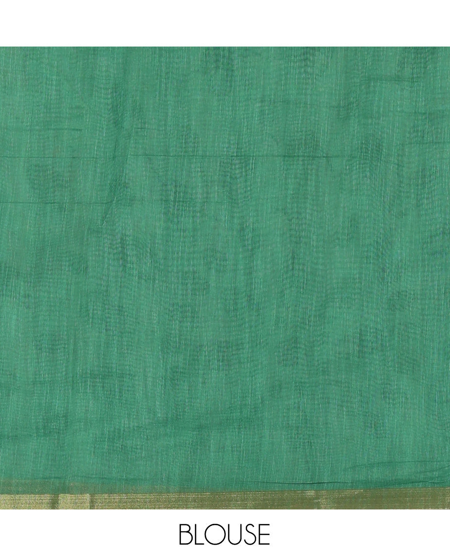 Borderless Rama Green Linen Cotton Saree, Elevated with Geometric-Abstract Print and a Contrast Blouse