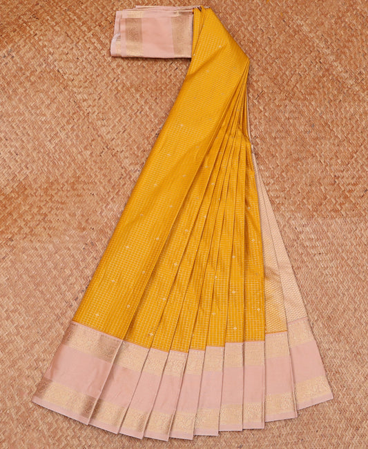 Yellow Budget Silk Saree Enlivened with Micro-Zari Checks, Complemented by a Contrast Traditional Zari Design Rettai Pettu Border, Pallu of Zari Designs, and Paired with a Contrast Blouse