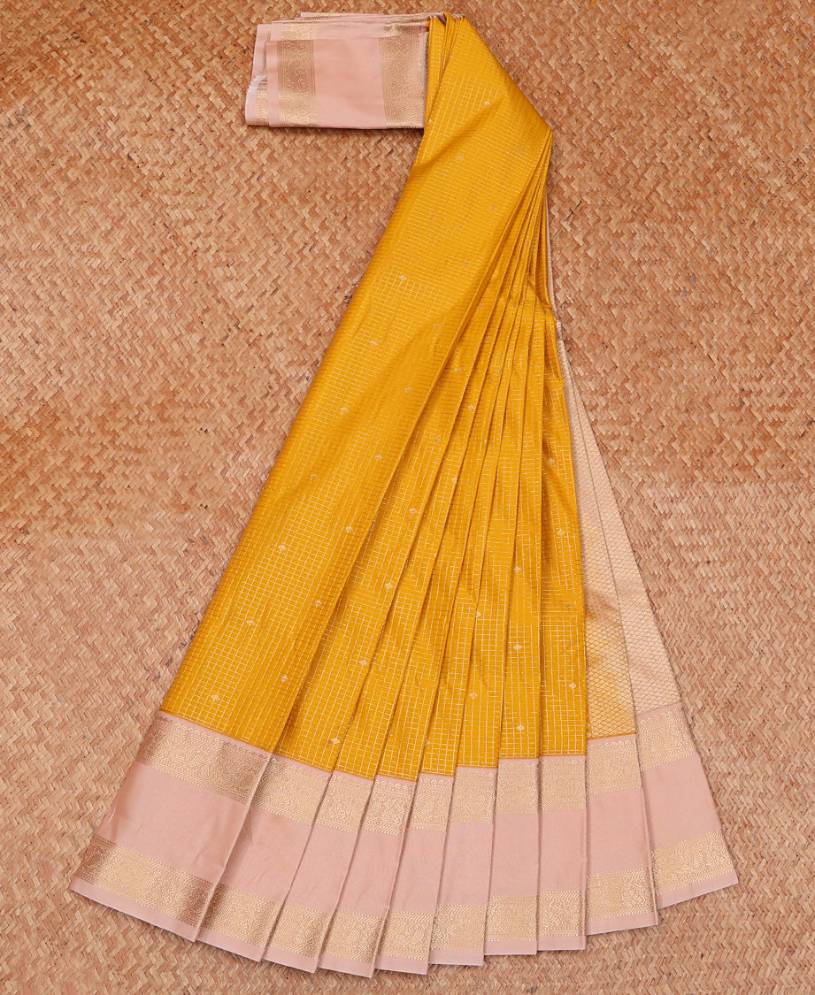 Yellow Budget Silk Saree Enlivened with Micro-Zari Checks, Complemented by a Contrast Traditional Zari Design Rettai Pettu Border, Pallu of Zari Designs, and Paired with a Contrast Blouse