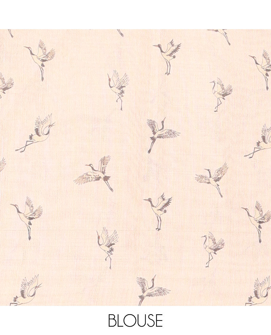 Borderless Gold Tissue Saree, Enthralled with Crane Motifs on Its Body, Self-Pallu Features the Same Crane Motifs Print, and Paired with a Matching Crane Motifs Printed Blouse