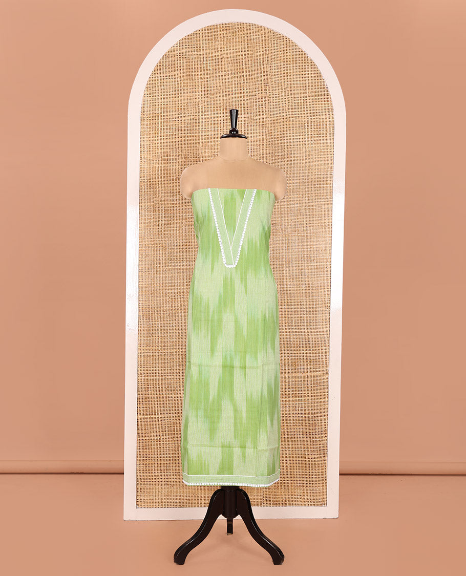 Green Material Chudidhar Set Featuring Delicately Ikkat Woven Handloom Cotton Top, Plain Cotton Bottom, and Handloom Cotton Ikkat Textured Dupatta