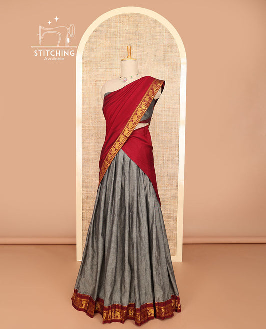 Grey half saree with contrast elephant design borde, zari design blouse & plain, elephant design border dhavani