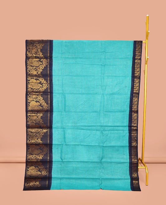 Blue Sungudi Cotton Saree, Decked Up with Zari Checked Design on Its Body, Complemented by a Contrast Traditional Zari Design Border of Peacock Designs, Zari-Design Pallu, and Paired with a Contrast Blouse