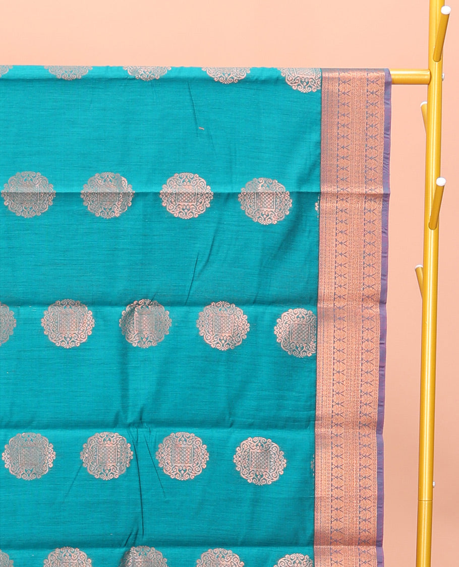 Blue Semi-Silk Cotton Saree, Delicately Woven with Zari Buttas All Over Its Body, Complemented by Contrast Traditional Zari Design Border, Pallu of Jaal Design, and Paired with a Matching Blouse