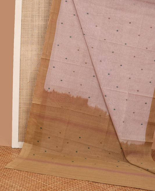 Cream geometric design coimbatore cotton saree with contrast striped border & striped, motifs pallu