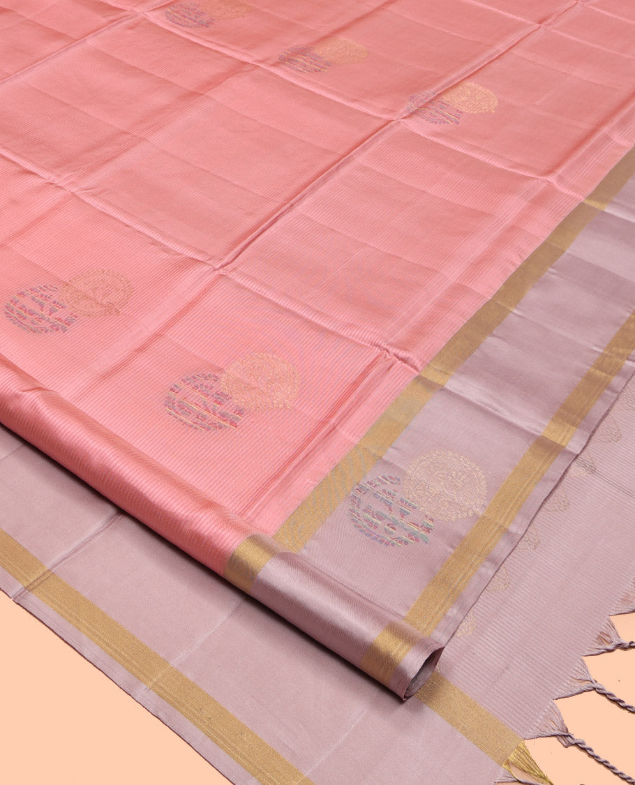 Pink Mayuri Lite Silk Mix Saree, Sparsely Woven with Stripes and Buttas, a Contrast Border, Pallu of Zig-Zag Designs, and a Contrast Blouse