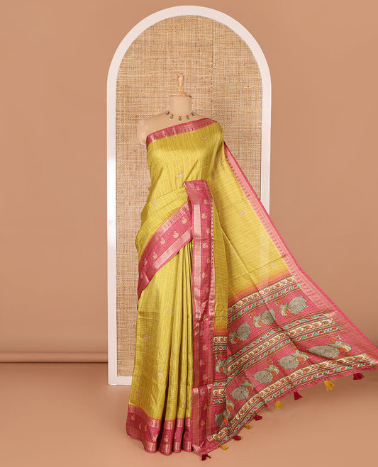 Lemon yellow micro-checked and swan motifs katan silk saree, contrast traditional zari border of swan motifs, printed pallu, and contrast buttas blouse