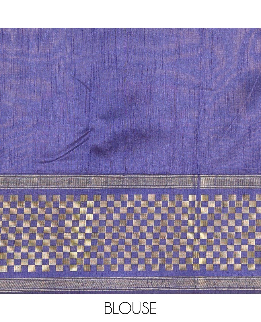 Blue Semi-Dupion Saree Gleamed Up with Zari Stripes  All Over Its Body, Complemented by Contrast Border Spotlighted with Zari Checks, Contrast Pallu of Stripes, and Paired with a Contrast Blouse