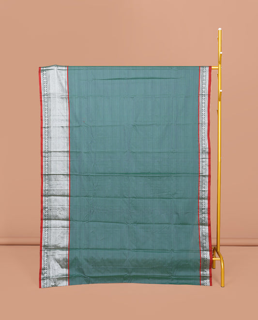 Green Striped Narayanpet Cotton Saree, Complemented by a Contrast Traditional Design Border, Striped Pallu, and Comes Without a Blouse