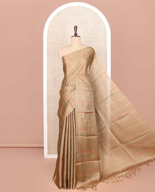 Borderless Sandal Tussar Silk Saree, Subtly Sparkled with Checked Texture, Pallu of Sparsely Stripes, and Paired with a Matching Blouse