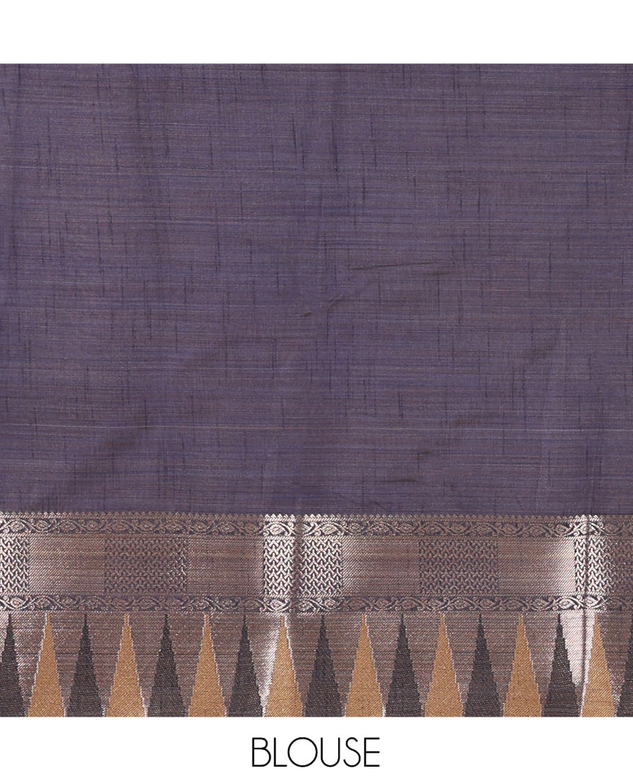 Pink Plain Semi-Tussar Saree, Contrast Traditional Temple Border, Striped Pallu, Contrast Blouse