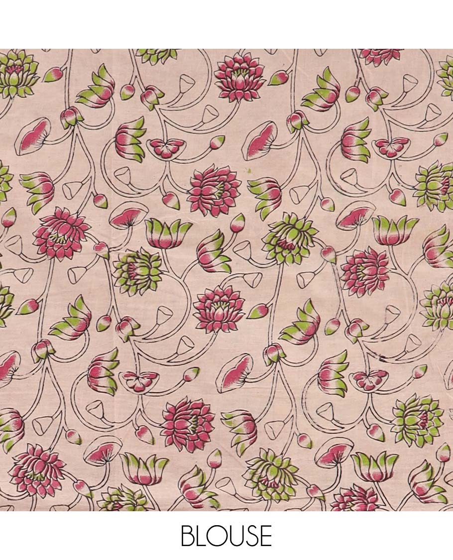 Green floral vine design machine printed kalamkari cotton saree with contrast floral border & intricate design pallu