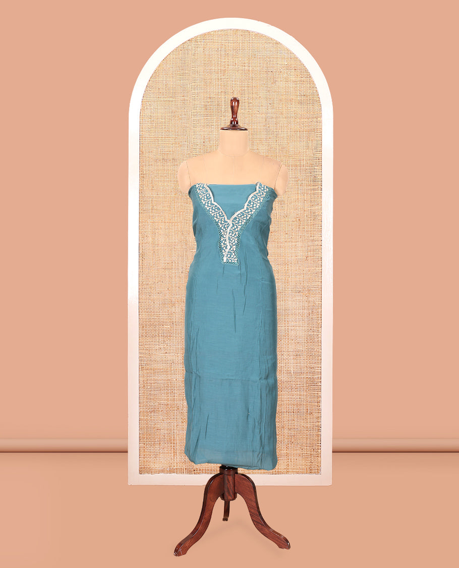 Blue Mul Chanderi Material Churidar Set, V-Neck Thread Embroidered Top, a Matching Bottom, a Thread Leaf Embroidered Dupatta