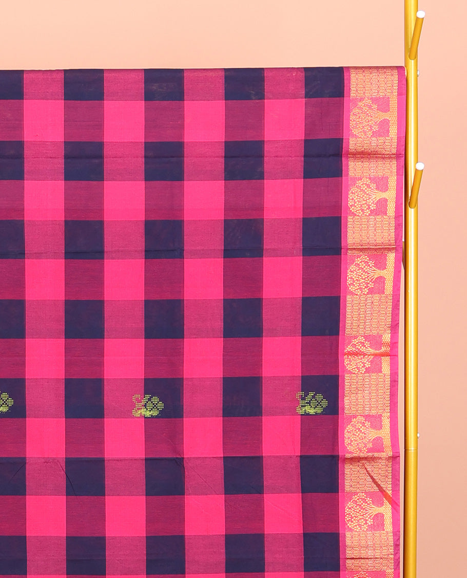 Dark Blue-Pink Chettinad Cotton Saree, Woven with Checks and Buttas, Highlighted by Tree Motifs Zari Border, Pallu of Stripes, and No Blouse