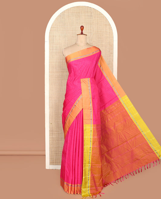 Pink Aarani Silk Saree, Dazzled with Zig-Zag Stripes All Over Its Body, Complemented by a Contrast Border, Pallu of Stripes, and Paired with a Contrast Blouse