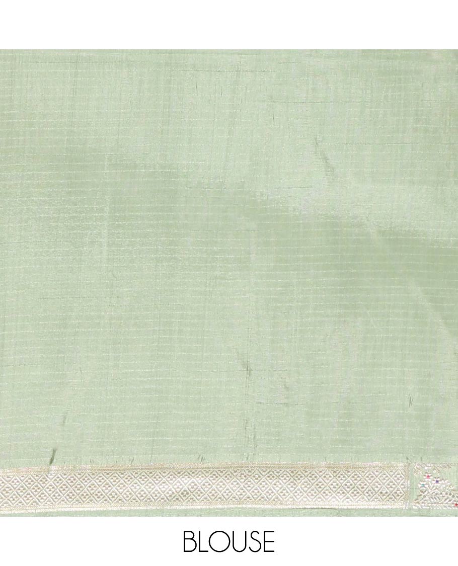 Peach-Colored Green Mango-Silk Saree, Enthralled with Floral Zari Buttas All Over Its Body, Complemented by a Contrast Meenakari-Zari Floral Design Border, Pallu of Floral Jaal Designs, and Paired with a Contrast Blouse