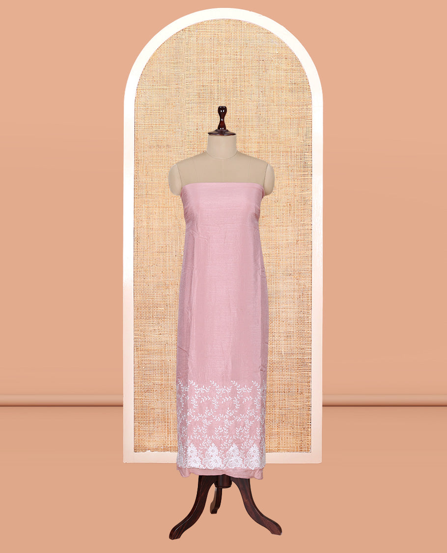 Peach Mul Chanderi Material Churidar with Delicate Floral Embroidered Top, a Plain Bottom, and Scallop Embroidered Dupatta