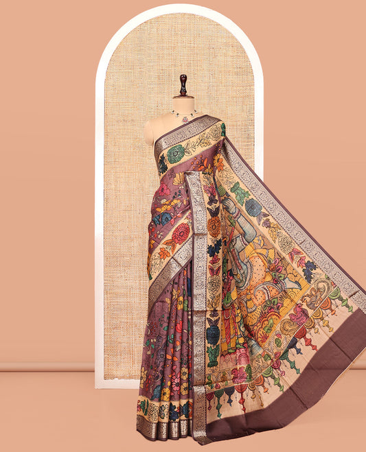 Brown Kalamkari Printed Semi-Banarasi Tussar Saree, Enriched with Floral Design, Zari Border, Contrast Lord Krishna Printed Pallu, and a Contrast Blouse