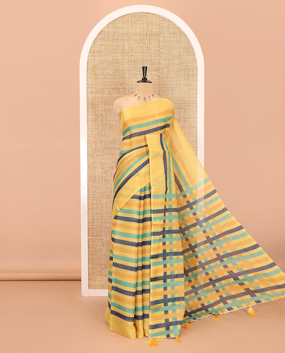 Yellow horizontal striped linen cotton saree, contrast plain border, and striped pall, and striped blouse