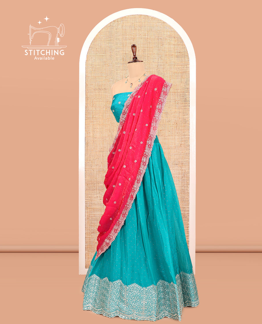 Rama Blue Velvet Organza Half-Saree with Glitter Work Skirt, Embroidered Border, a Matching Blouse, and Contrast Embroidered Dhavani
