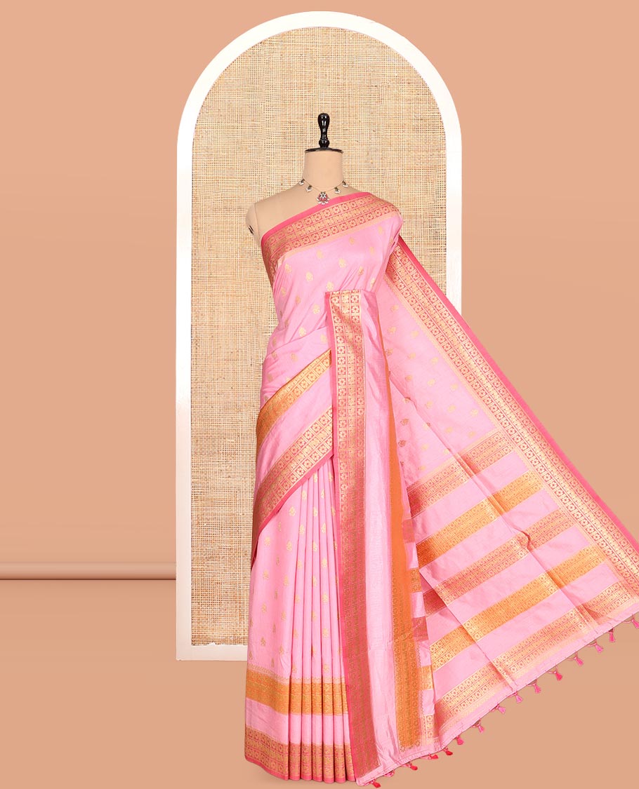 Baby Pink Fancy Raw Silk Saree, Subtly Woven with Buttas, Peacock-Flower Traditional Border, and a Matching Blouse