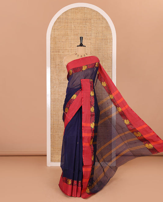 Navy blue thread buttas woven Bengal cotton saree, contrast floral creeper border, and striped pallu