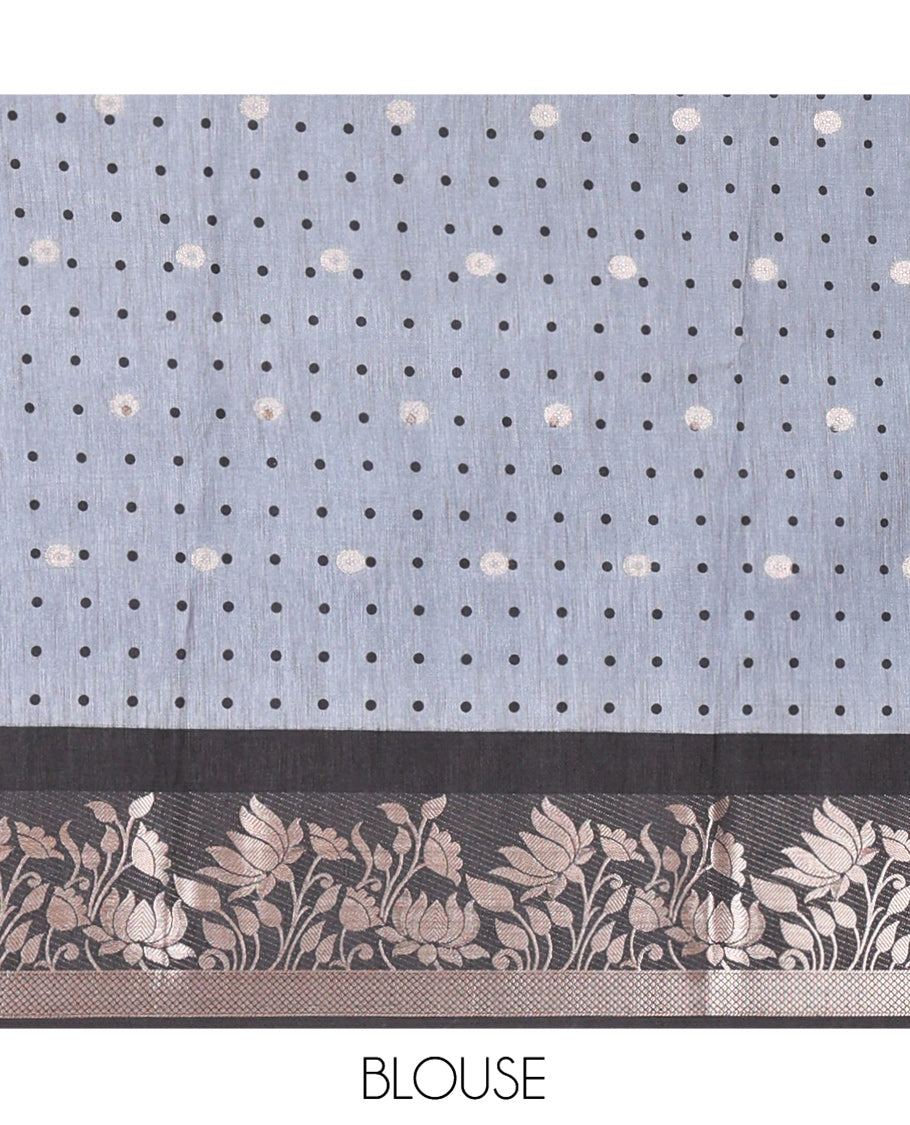 Grey Semi-Tussar Saree, Adorned with Round Buttas and Deer Buttas All Over Its Body, Highlighted by a Zari Border of Pichwai Lotus Design, Pallu of Lotus and Deer Motifs, and Paired with a Matching Blouse
