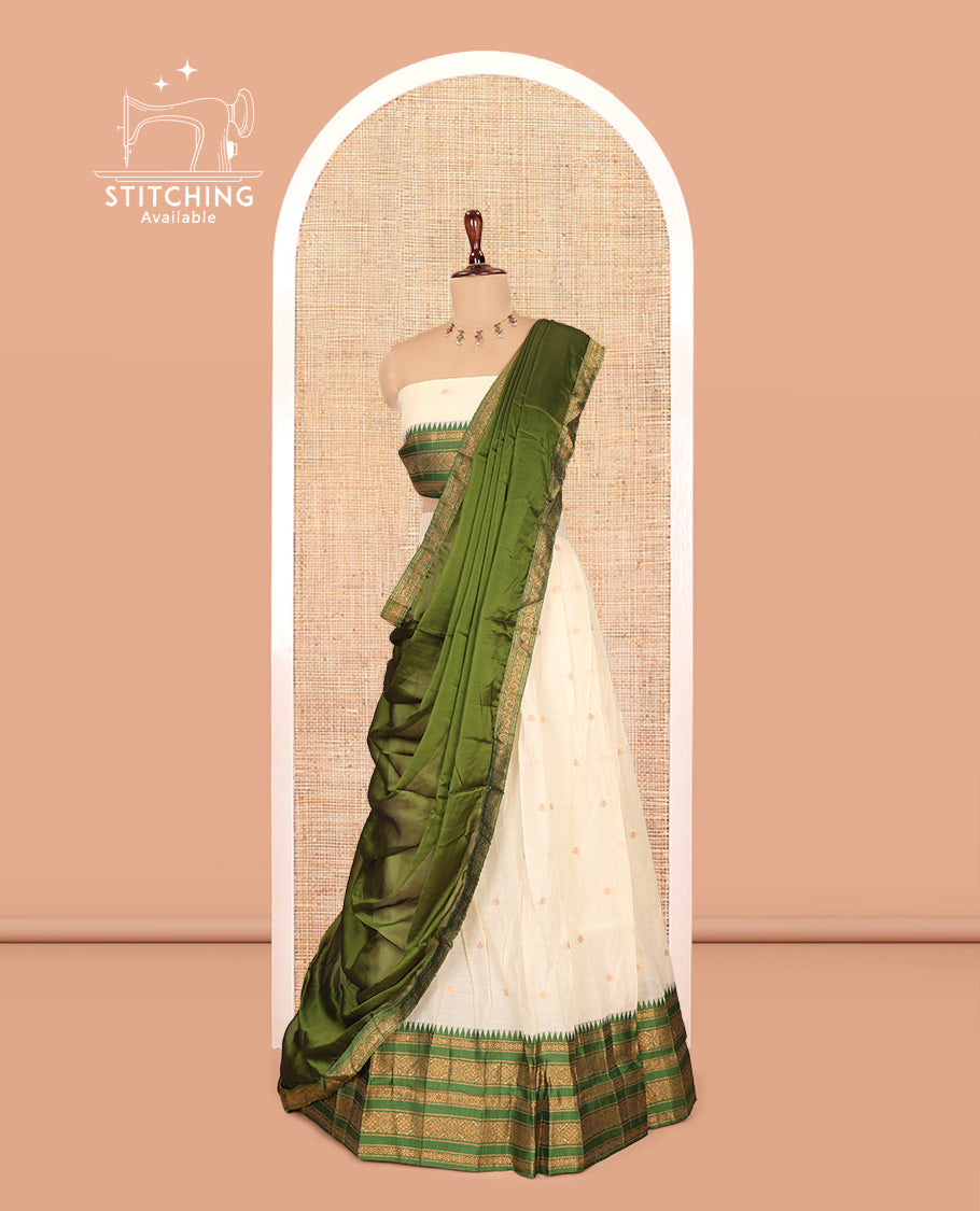 Sandal-Green Banaras Kota Half-Saree, Zari Buttas Skirt, Contrast Traditional Border, Matching Blouse, Contrast Dhavani