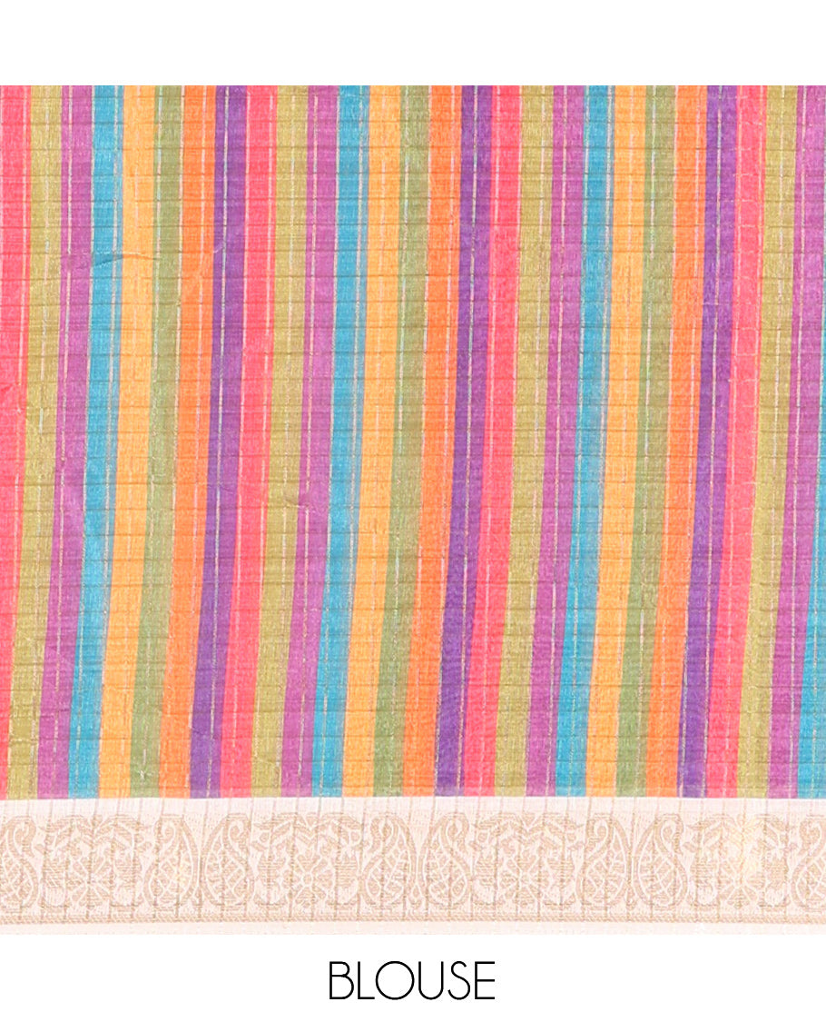 Cream-Green Checked Semi-Tussar Saree, a Contrast Madras-Checked Border, a Contrast Blouse
