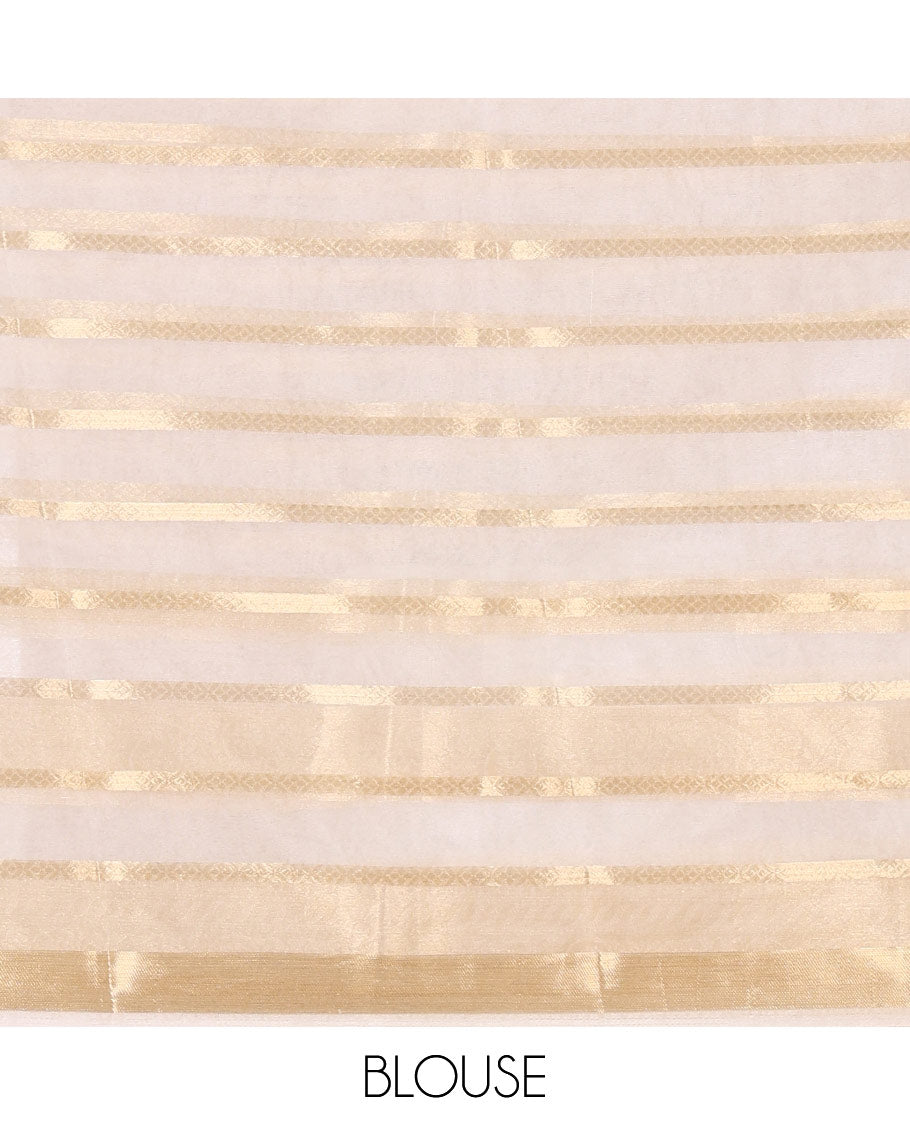 Half-white zari design semi-organza saree, traditional zari design border of floral creeper designs, zari striped pallu, and a matching blouse