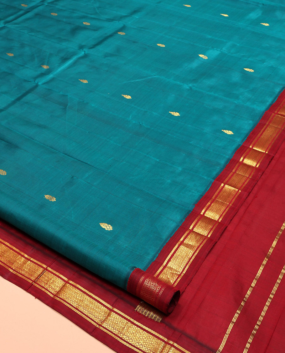 Rama Kanchipuram Silk Saree, Accentuated with Zari Buttas, Complemented by a Contrast One-Sided Korvai Border of Banaras, and Jaal Designs, Zari Design Pallu, and No Blouse