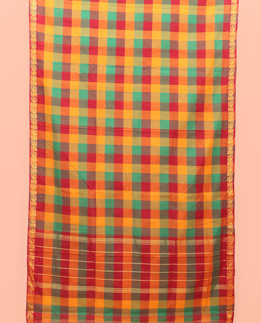 Multi-Color Palum Pazhamum Checked Nine-Yard Cotton Saree, Highlighted by a Zari Design Border, Subtle Pallu of Stripes, and Comes Without a Blouse